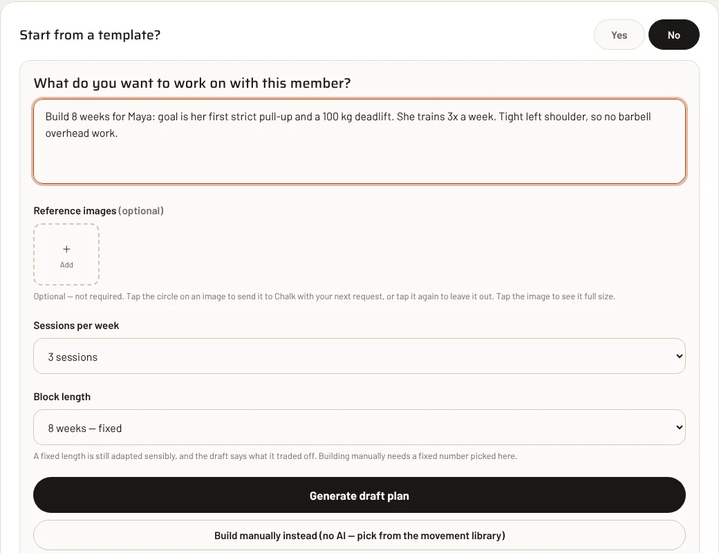 The new block screen in Chalk: one prompt box where a coach describes what the member needs.