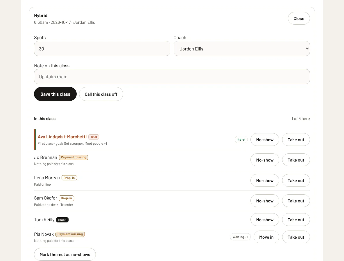 A class list in Chalk showing members booked into a class, with tags for trial, drop-in and payment missing.