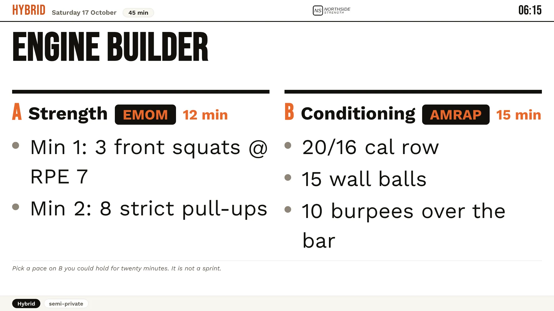 The gym TV showing a workout called Engine Builder with a strength and a conditioning section.