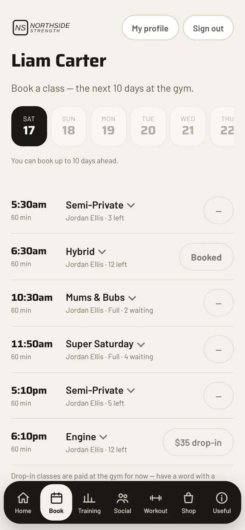 The member booking screen: a day strip and a list of classes.