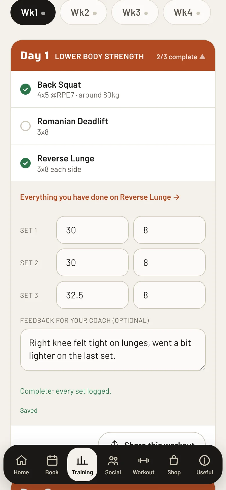 The member app: logging sets for an exercise and leaving feedback for the coach.