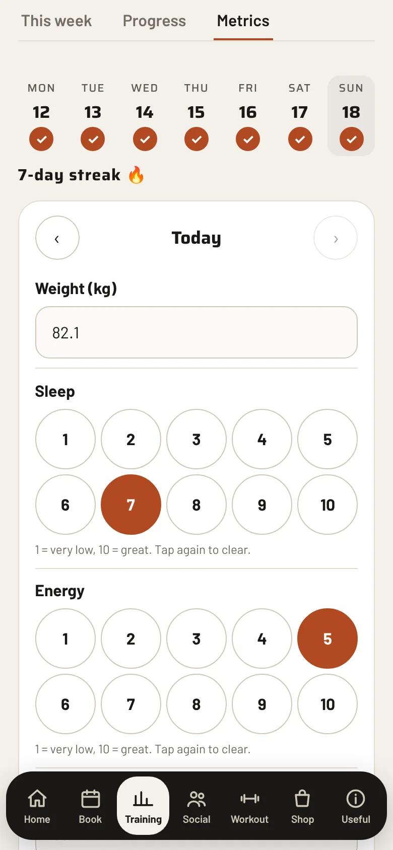 The member daily check-in: sleep and energy ratings out of ten, weight, steps and water.