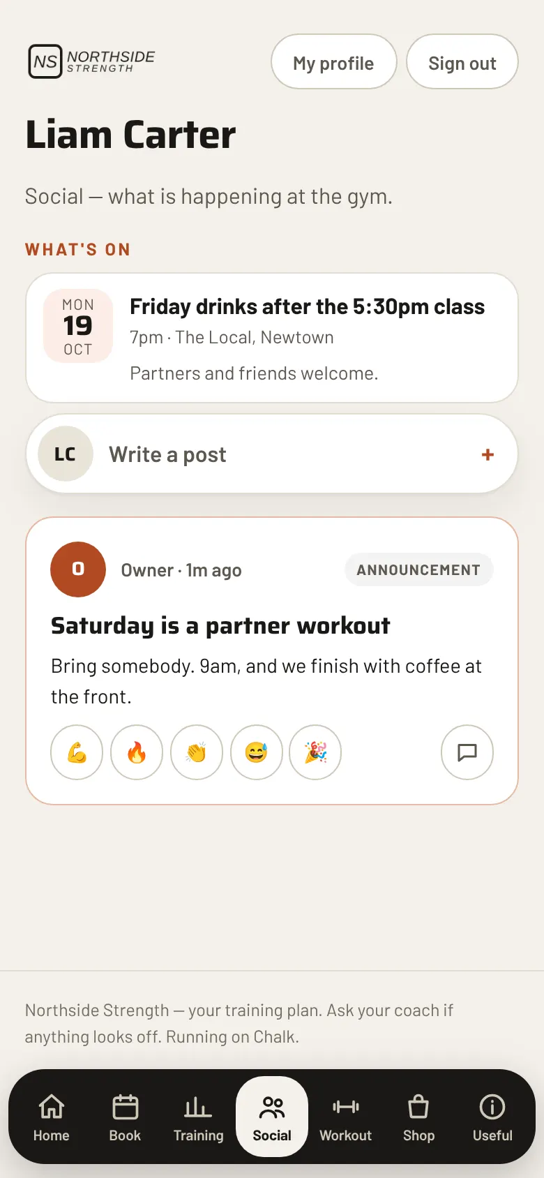 Member social screen: upcoming events and a gym announcement with reactions.
