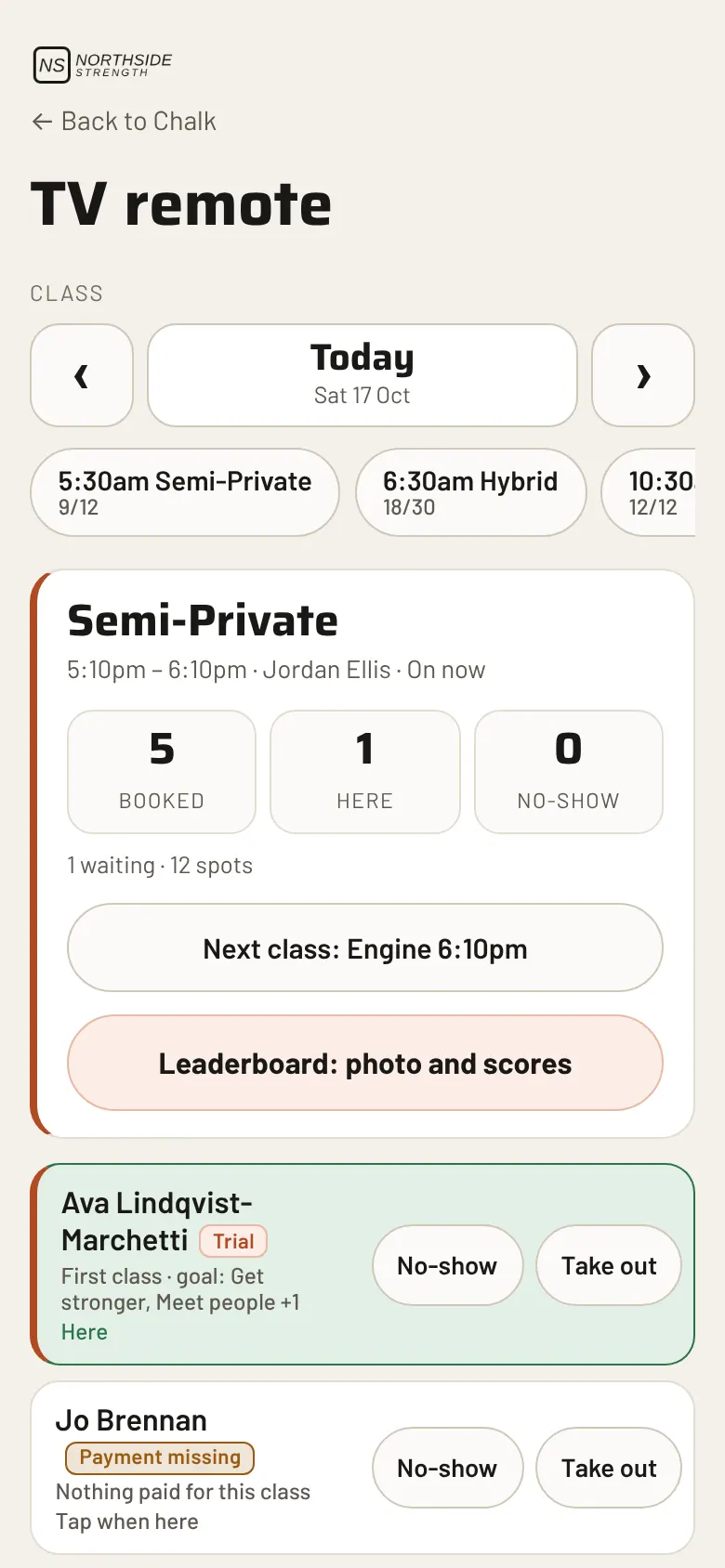 The phone remote: class picker and a roster with check-in buttons.