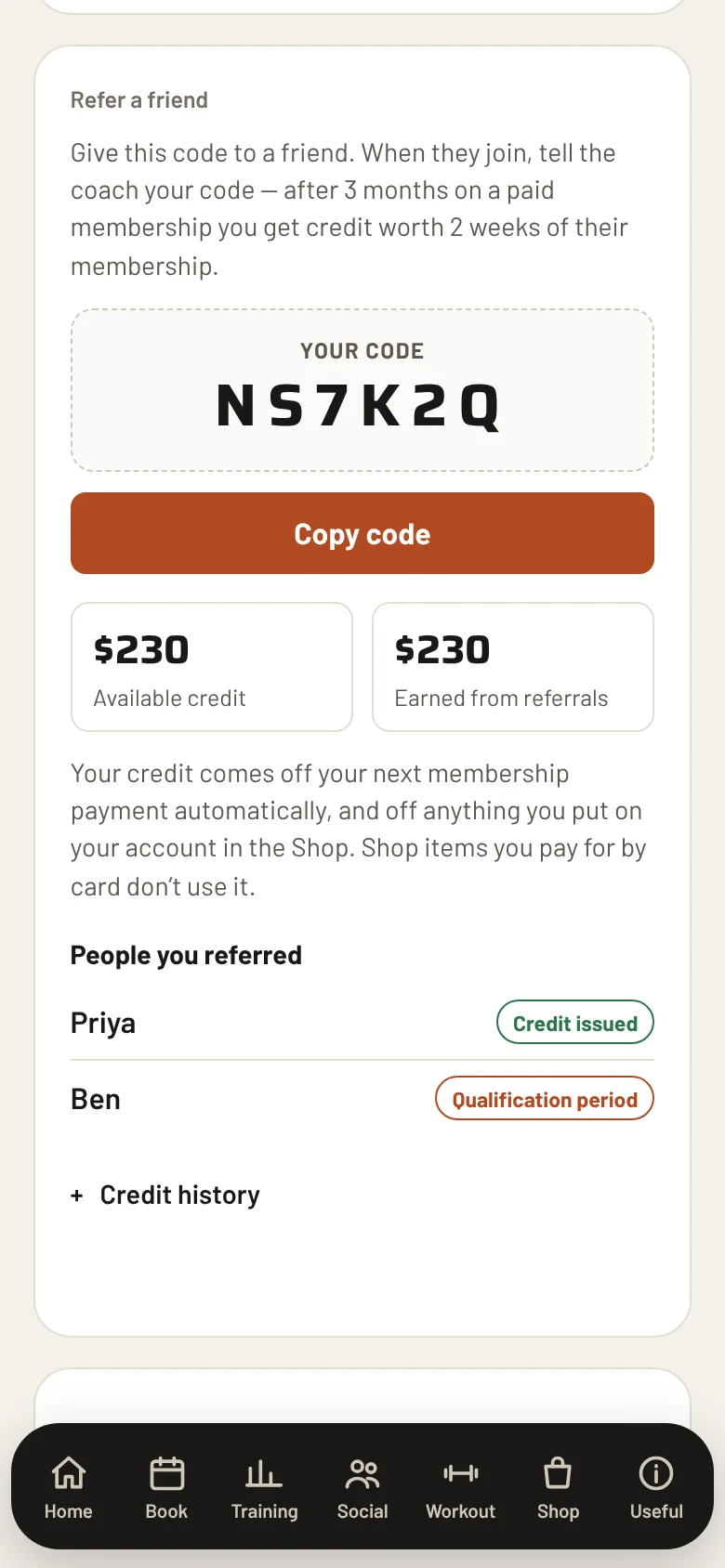 The Referrals tab in Chalk listing who referred whom, with the state of each referral and the credit earned.