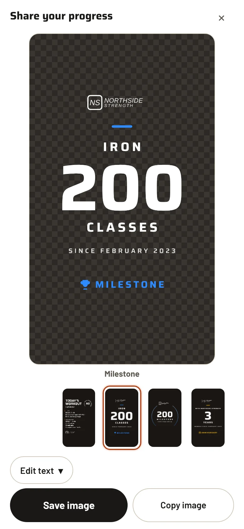 The share sheet in the member app: a row of Story card styles with Share, Save image and Copy image buttons.